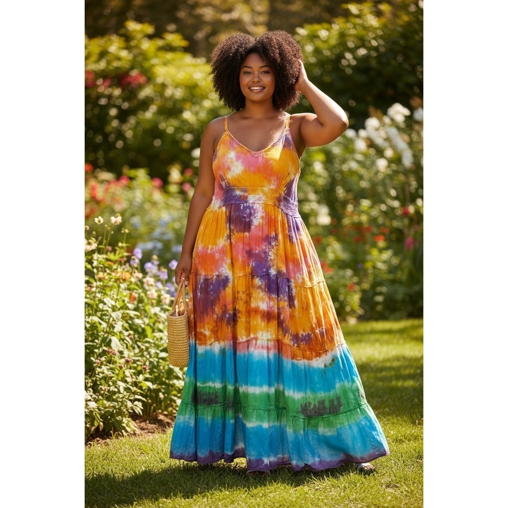 Earthbound Trading Co Womens XL Rainbow Tie Dye Tiered Cotton Maxi Dress Smocked